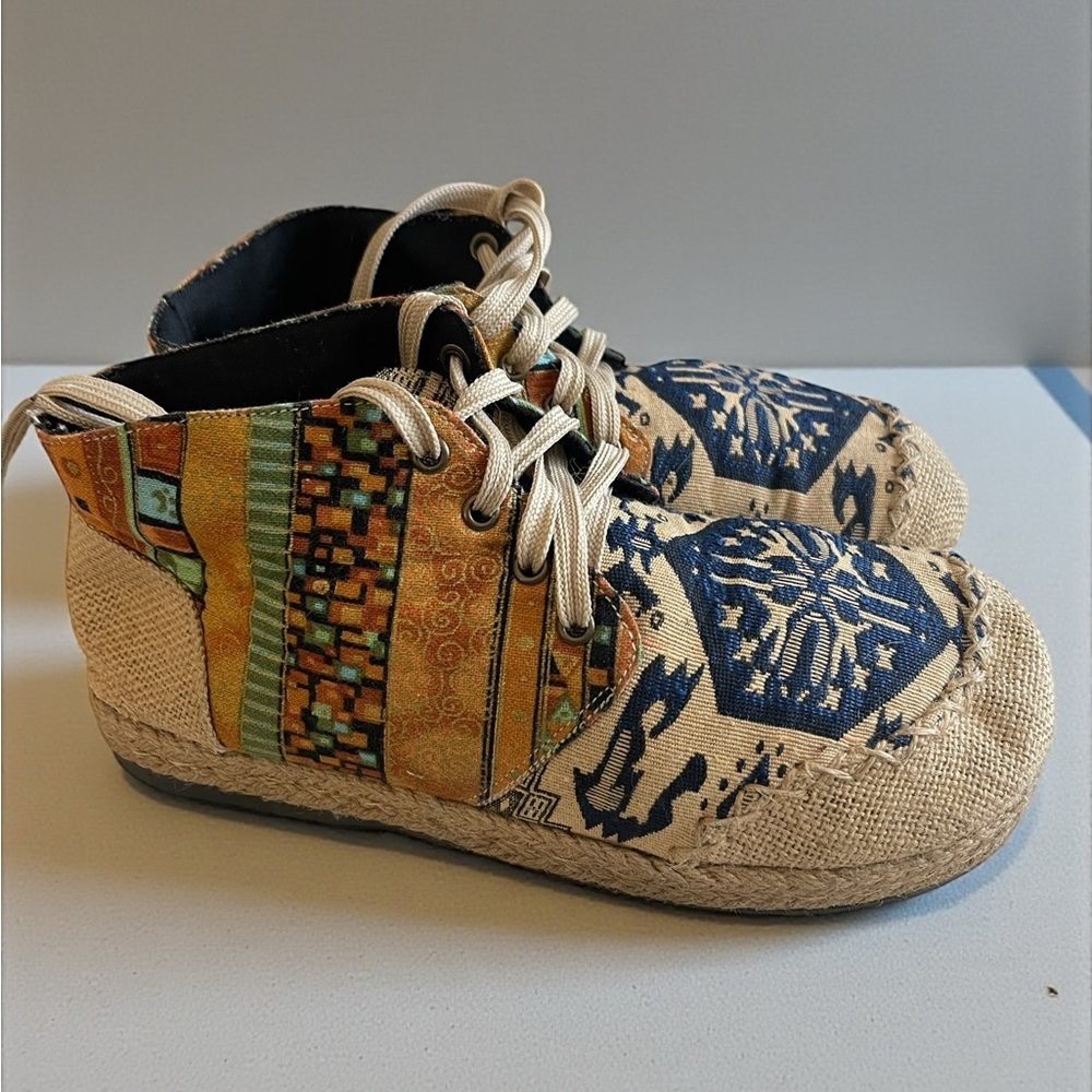 Boho patchwork cotton Burlap shoes women’s EU 39 art natural round toe - Picture 3 of 6
